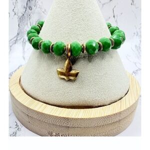Green Aventurine Stretch Bracelet Gold Tone Clover Charm 6"